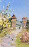 Garden Gate with Hollyhocks