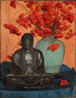 Still Life with Buddha Statue and Rowan Twigs in a Vase.