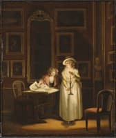 Two women inspecting a picture by candle-light