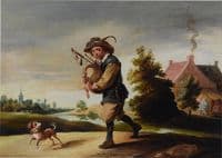 A boor playing a bagpipe in a landscape