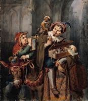 An itinerant medicine vendor sitting on a donkey with a monkey and a fool