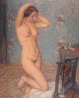 Woman brushing Hair in Blue Room