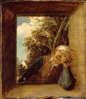 Smoker in the opening of a rustic window, in a landscape