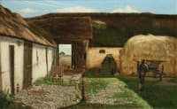 Fowls and farmer with wagon in the courtyard