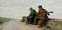 An elderly couple seated by a roadside