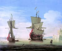 A Two Decker and a Yacht Anchored near a Tower