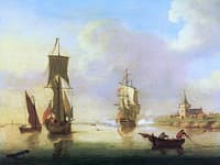 A Yacht and a Small Man-o'-War in a Calm River near a Church