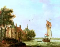 A Wooded River Landscape in Holland, with a Dutch Hooker under Sail in a Brisk Wind