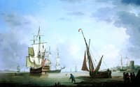 A Two-Decker English Man-o'-War and a Beached Hoy off a Harbor