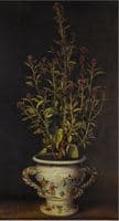 A plant, probably a Gomphrena, in a nevers-style faience jardiniere