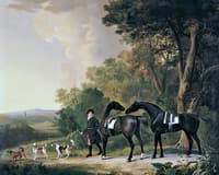Two Saddled Hunters Waiting with a Groom, Two Foxhounds and a nondescript Terrier