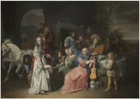 An outdoor scene with an elegant company attending and playing music