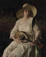 Portrait einer Dame mit Hut und Mandolin