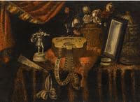 A still life with a guitar, a fan, a statuette of a violinist, a snuff box, a mirror and flowers, all on a draped table
