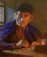 Old man counts the coins by candlelight