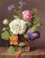 White and Pink Roses, Primrose and Cornflowers in a Red Glass Vase