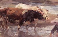 In the Water, Boy Guiding Unruly Oxen through the Ford