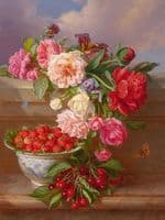 Still Life with Roses, Peonies, Strawberries and Cherries