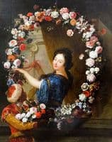 Femme à mi-corps attachant une guirlande de fleurs