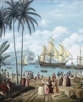 Figures on a quayside with shipping beyond, Brazil