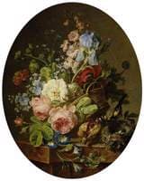 Open wicker basket of mixed flowers