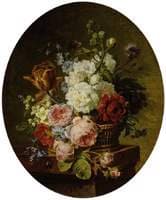 Open wicker basket of mixed flowers
