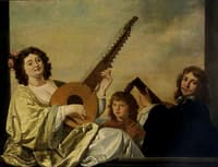 Woman playing a theorbo-lute, man playing a lute and boy singing