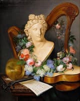 Still life with musical instruments and flowers