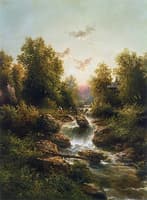Country Cottage and Figures before Rushing Water