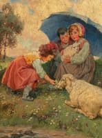 Children with sheep on the summer meadow