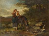 Woman Supporting a Boy on a Donkey by a Stream