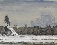 Winter view of The Bronze Horseman with St Isaac's Cathedral beyond