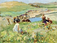 A Young Girl and Goats on a Hill Side