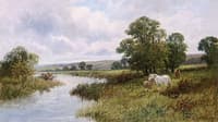 A Mare and Her Foals Grazing at the Side of a River
