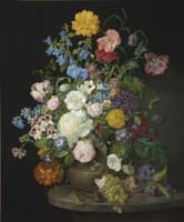 A vase of camelias, pansies, dahlias, roses and poppies