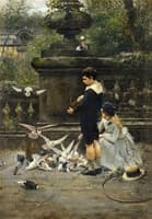 Children Feeding Pigeons in the Park