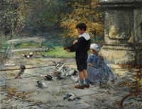 Children Feeding Pigeons in the Park