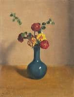 Marigolds in a blue vase