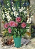 Still life with flowers, palette and book