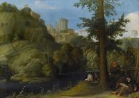 A hermit with two travellers in a wooded landscape