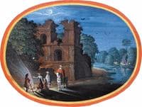 Travellers gathered a fire, by a ruin, in the moonlight