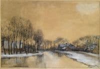 A winter landscape with houses along a canal