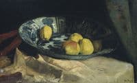 Still life with apples on tray in Delft Blue