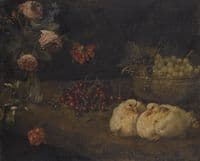 A still life with grapes in a bowl, cherries, roses in a vase and a pair of doves
