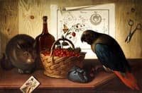 Still life with cat and parrot