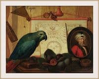 A tromp-l'oeil still life with a parrot on a book, figs, a portrait miniature of a turbaned man