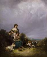 Two Young Women and Goats in a Landscape