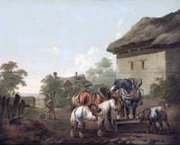 A Farmyard with Horses at a Trough
