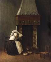 Interior with a Sick Woman by a Fireplace