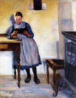 Interior with a little girl in blue dress, reading a book
